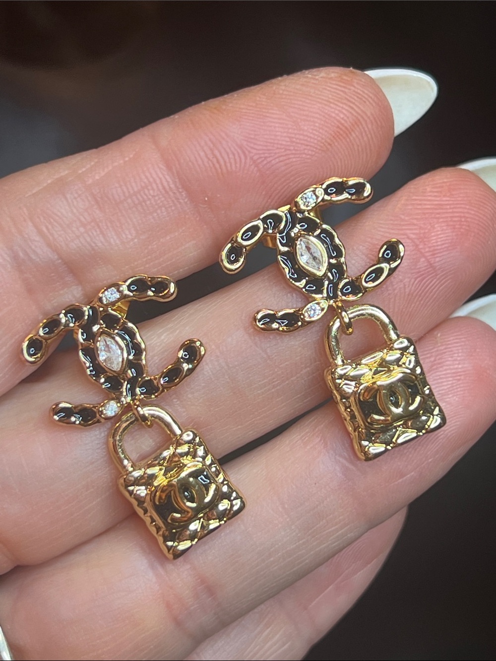 Gold and Black Padlock Drop Earrings with Interlocking Logo Motif